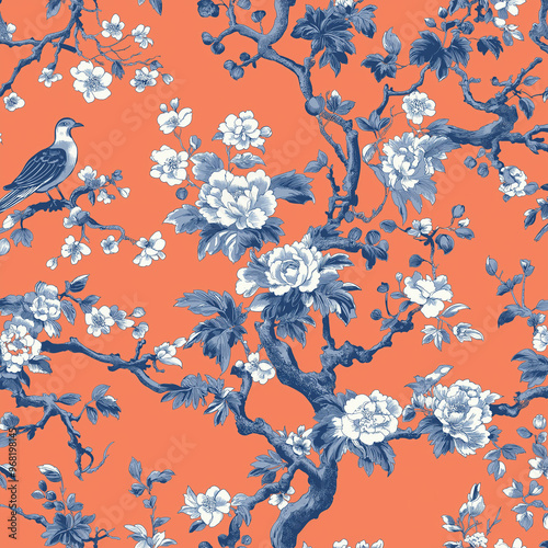 Chinoiserie wallpaper pattern featuring a seamless design of a stylized blue branch with white flowers and a bird perched on a twig against a vibrant orange background.