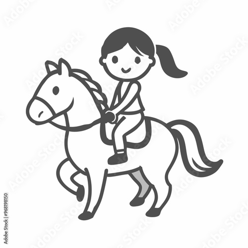 Girl riding a pony, happy activity, minimalistic illustration