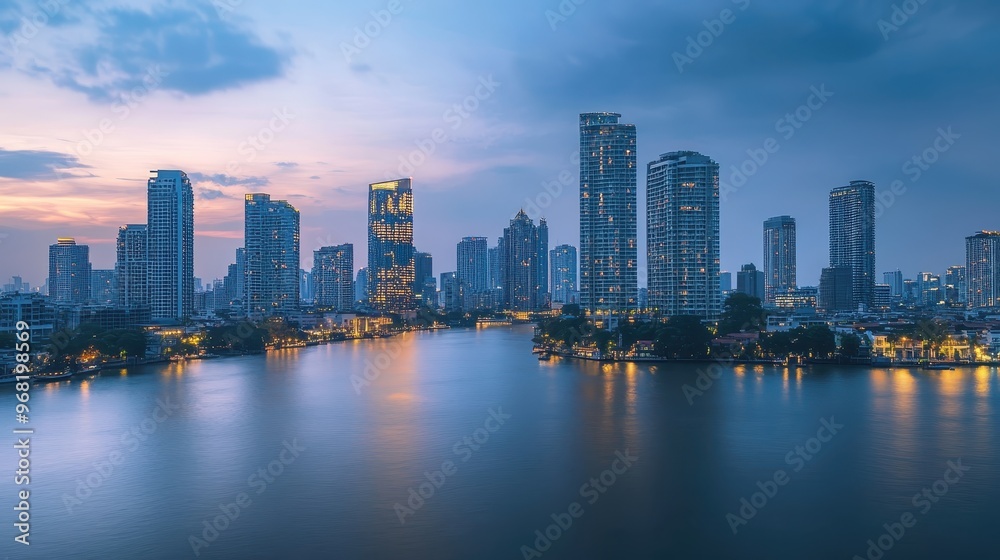 Modern city skyline with skyscrapers at dusk reflecting in calm river under dramatic cloudy sky.
