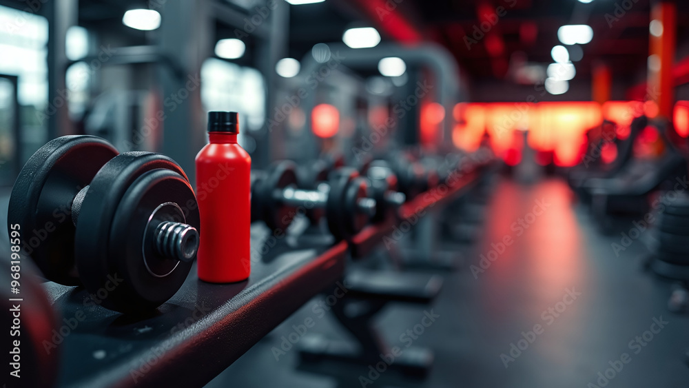 Fototapeta premium Gym Setting with Dumbbell and Sports Drink
