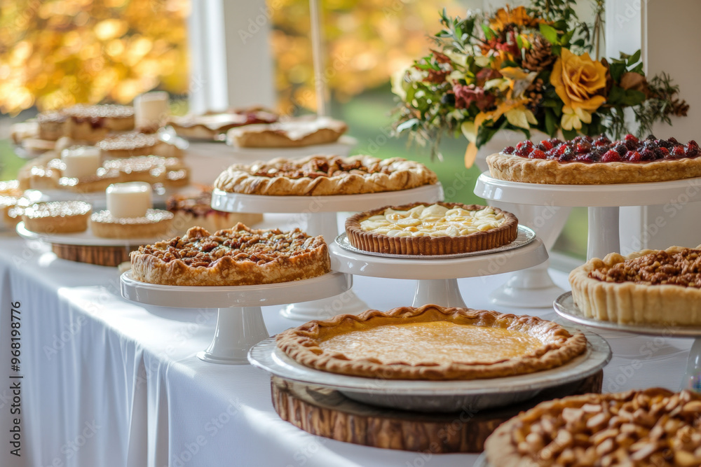 Delicious and diverse homemade pies displayed on a table for thanksgiving dinner Delicious and diverse homemade pies displayed on a table for thanksgiving dinner