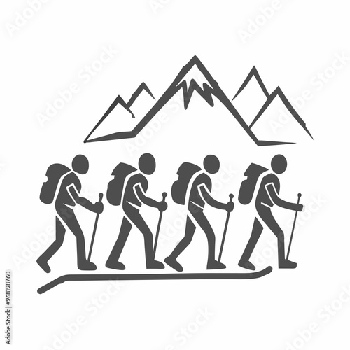 Group of hikers trekking in the mountains on a simple background