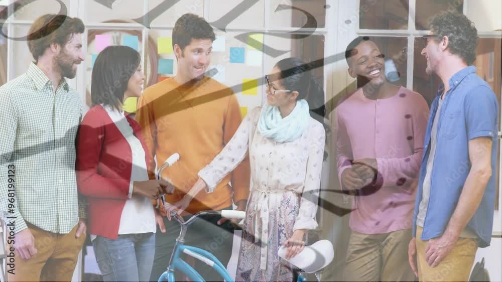 Animation of moving clock over diverse colleagues having meeting in office Animation of moving clock over diverse colleagues having meeting in office