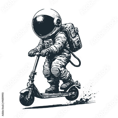 Cute astronaut playing scooter moped . Black white vector. Icon and logo illustration.