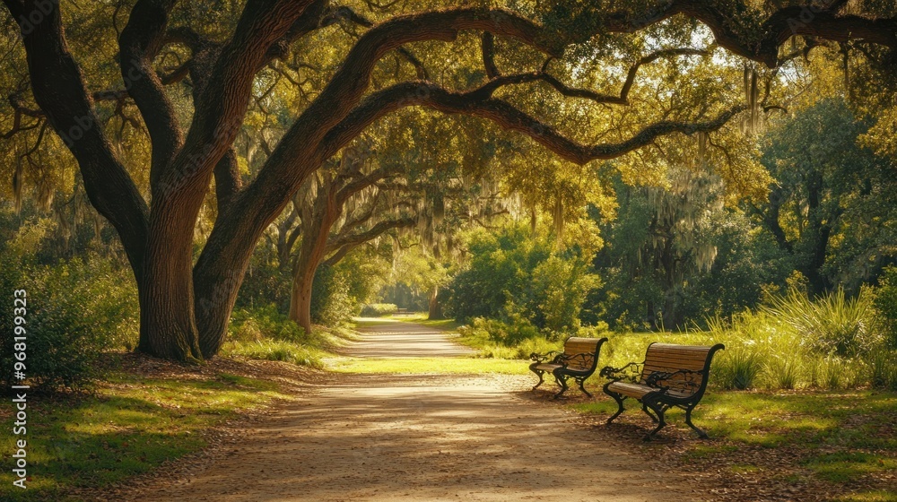 Serene nature park with benches under towering oak trees Serene nature park with benches under towering oak trees