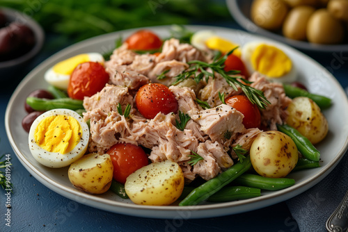 Delicious Nicoise salad featuring fresh ingredients like tuna, tomatoes, boiled eggs, and green beans served on a vibrant dining table photo