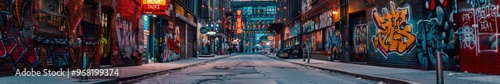 Urban alley at night filled with vibrant graffiti, capturing the essence of street art. Free copy space for banner.