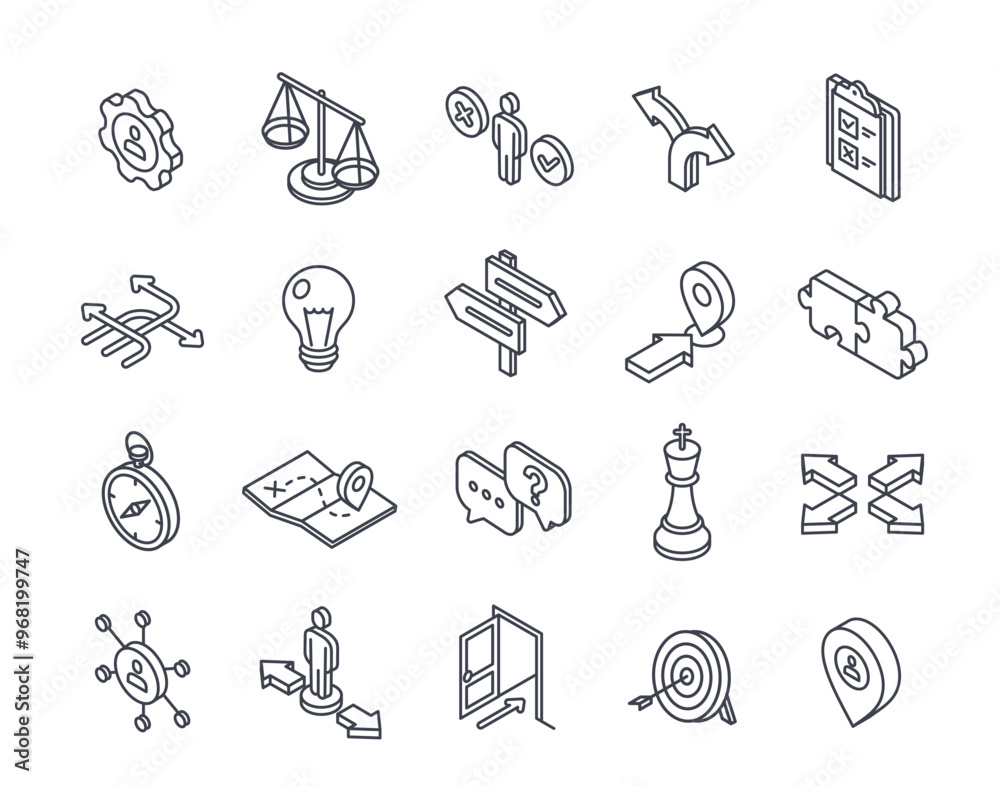 Decision Making Line Icon Set. Outline signs with choosing direction, arrows of path, doubting entrepreneur and strategy. Editable stroke. Isometric 3D vector illustration isolated on white background Decision Making Line Icon Set. Outline signs with choosing direction, arrows of path, doubting entrepreneur and strategy. Editable stroke. Isometric 3D vector illustration isolated on white background
