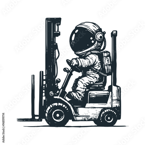 Cute astronaut ride a forklift . Black white vector. Icon and logo illustration.