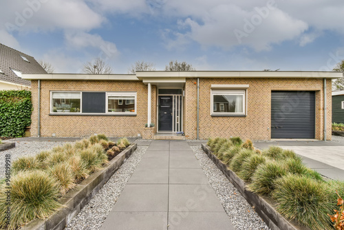 Modern single-story residential home with landscaped garden photo