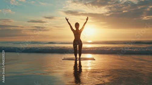 A woman practices mindful yoga on the beach at sunrise, embracing the ocean's tranquility and promoting wellness.