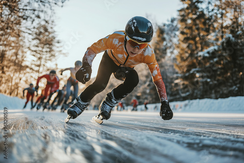 Young speed skaters glide swiftly through a snowy outdoor track during a bright winter afternoon photo