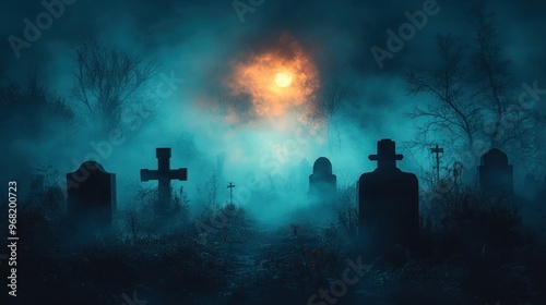 Eerie graveyard scene with fog and a haunting sunset.