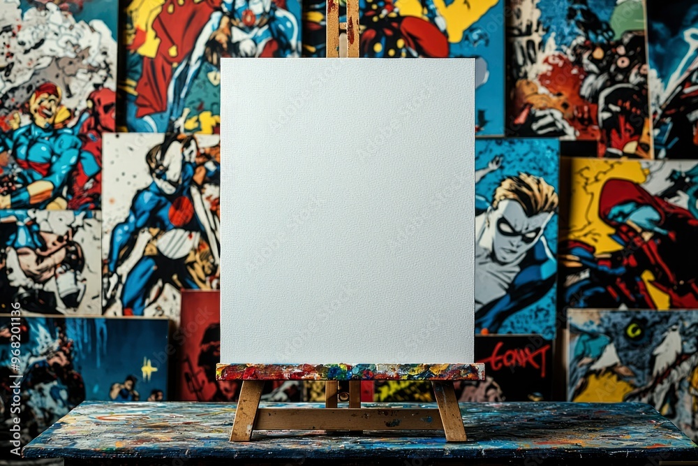 Obraz premium Blank Canvas on an Easel in Front of Abstract Paintings
