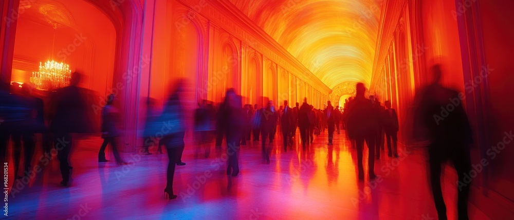 Blurred Silhouettes of People Walking Through an Ornate Hallway Under a Red and Orange Glow Blurred Silhouettes of People Walking Through an Ornate Hallway Under a Red and Orange Glow