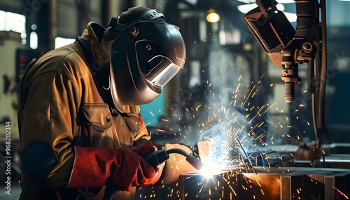 Dedicated welder expertly fusing metal parts in dynamic industrial workshop filled with sparks and equipment