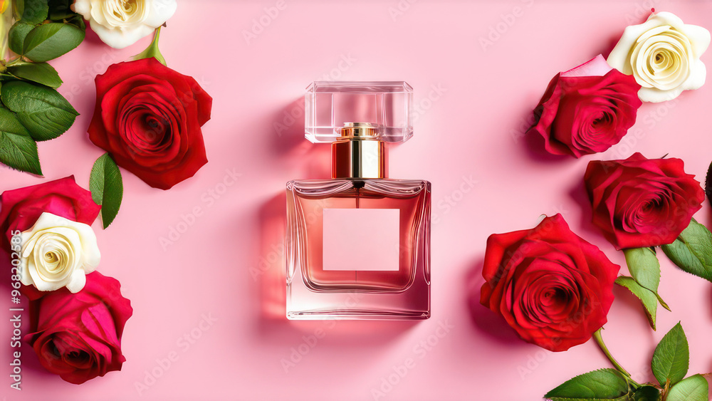 Front view of a transparent perfume bottle with a luxurious design surrounded by fresh roses on a pink background Front view of a transparent perfume bottle with a luxurious design surrounded by fresh roses on a pink background