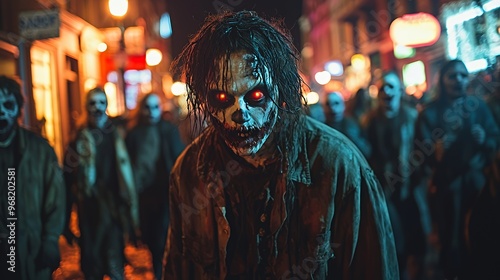 A creepy zombie with glowing red eyes in a dark street, surrounded by other zombies.