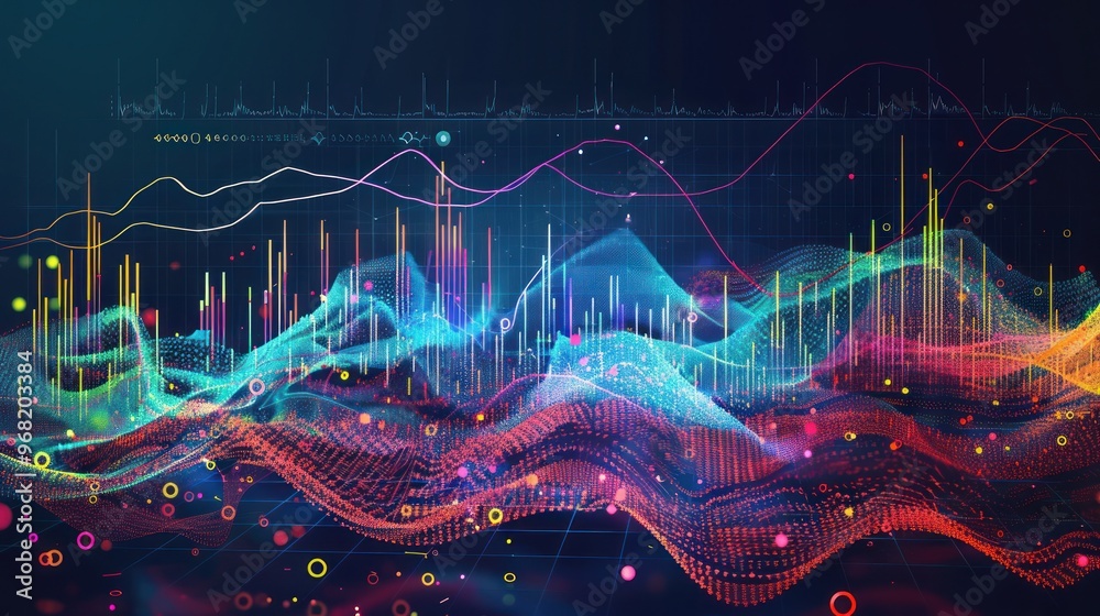Abstract Data Visualization with Wavy Lines and Colorful Dots Abstract Data Visualization with Wavy Lines and Colorful Dots