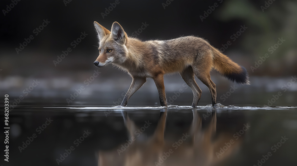 Fototapeta premium A golden jackal walking on water reflection