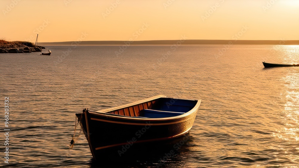 a boat sitting on top of a body of water, sunny amber morning light, calm morning, shore of the lake. a boat sitting on top of a body of water, sunny amber morning light, calm morning, shore of the lake.