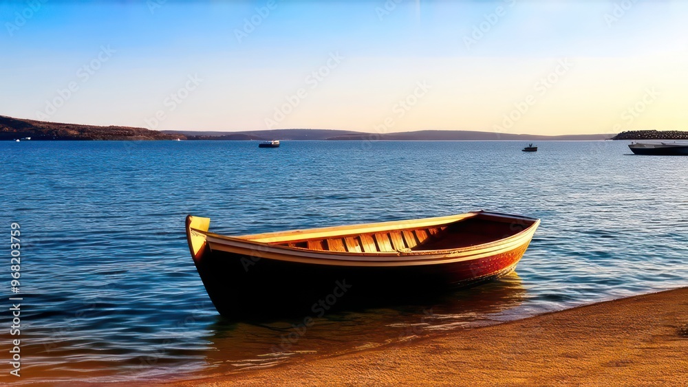 a boat sitting on top of a body of water, sunny amber morning light, calm morning, shore of the lake. a boat sitting on top of a body of water, sunny amber morning light, calm morning, shore of the lake.