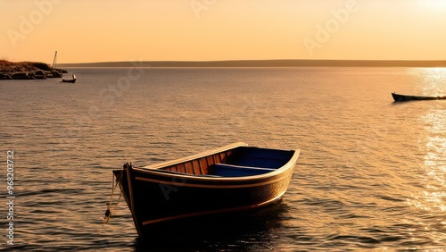 a boat sitting on top of a body of water, sunny amber morning light, calm morning, shore of the lake.