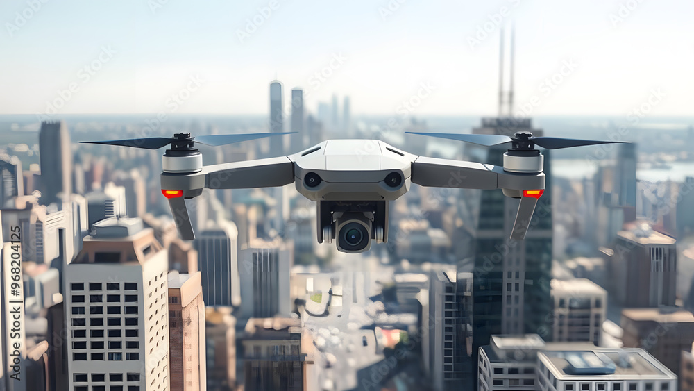 Aerial view of a drone flying over a city skyline during the day Aerial view of a drone flying over a city skyline during the day