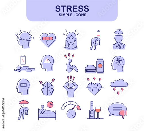 Set of line icons related to stress. Emotional burnout, depression, insomnia, irritability and mental problems. Editable stroke. Outline flat vector illustration collection isolated on background