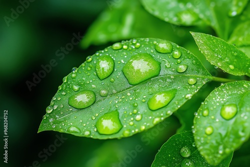 A vibrant green leaf adorned with dewdrops that glisten under light, capturing the essence of fresh, natural beauty. photo