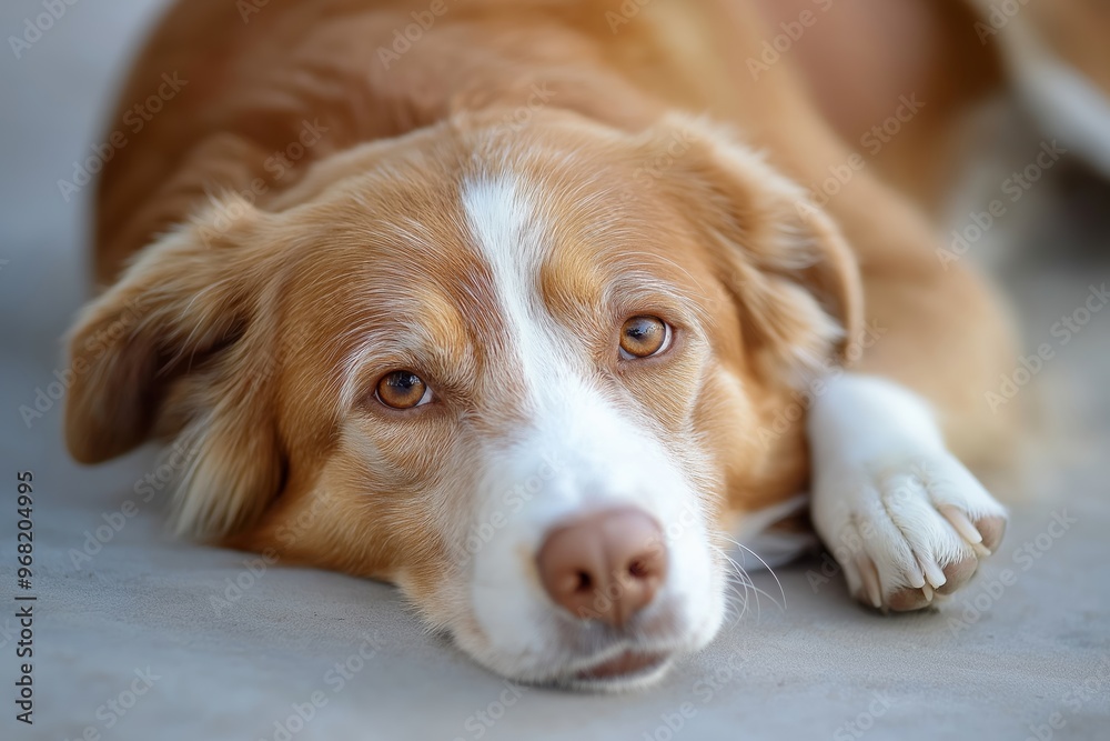 A cute brown and white dog lays down, looking into the camera with soulful eyes, symbolizing affection and loyalty. A cute brown and white dog lays down, looking into the camera with soulful eyes, symbolizing affection and loyalty.