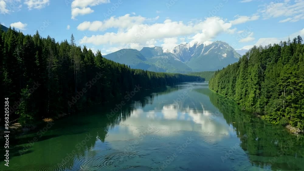 Aerial view of a tranquil lake surrounded by forests and mountains. Aerial view of a tranquil lake surrounded by forests and mountains.