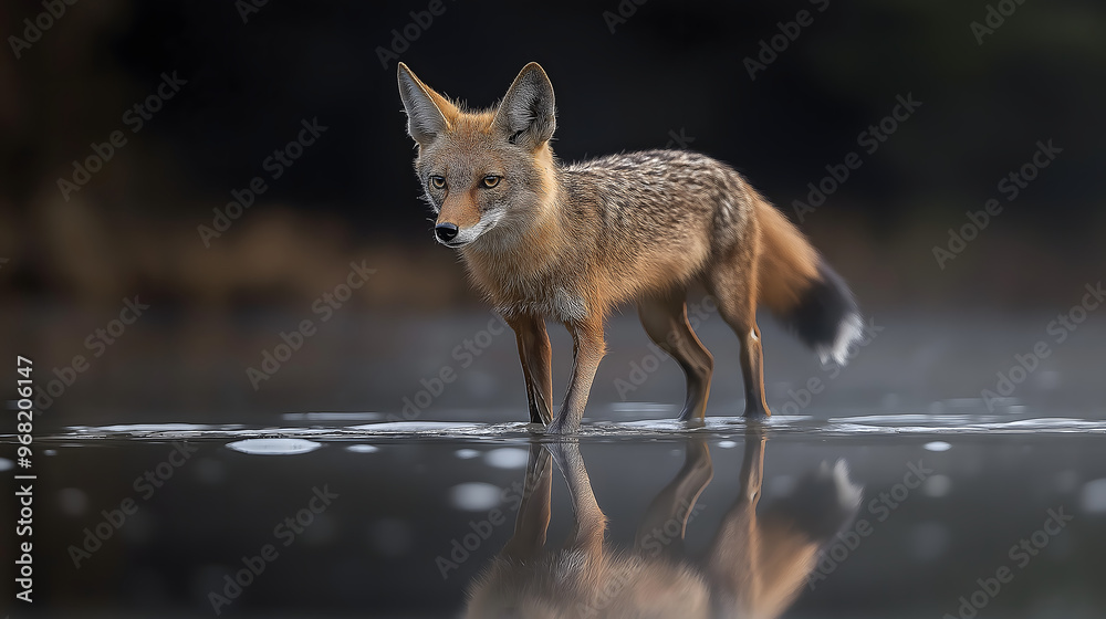 Fototapeta premium A golden jackal walking on water reflection