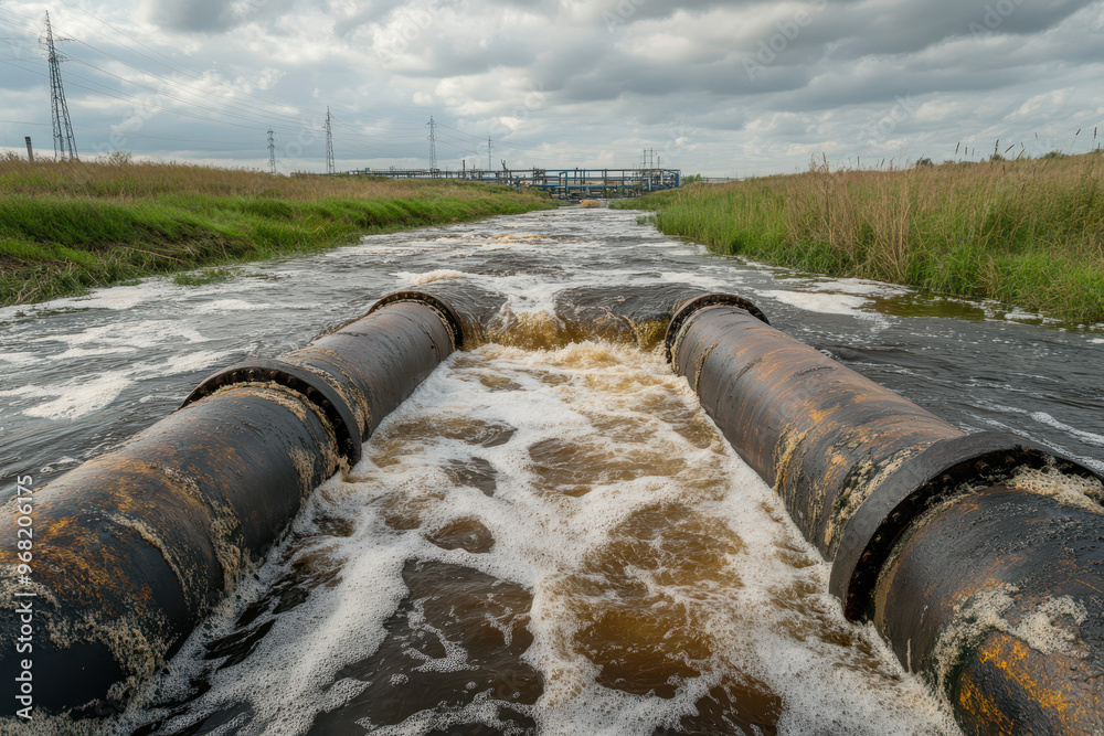 A photo of a river with dirty water flowing through pipes, in the background there is an oil factory and fields, a cloudy sky. A photo of a river with dirty water flowing through pipes, in the background there is an oil factory and fields, a cloudy sky.
