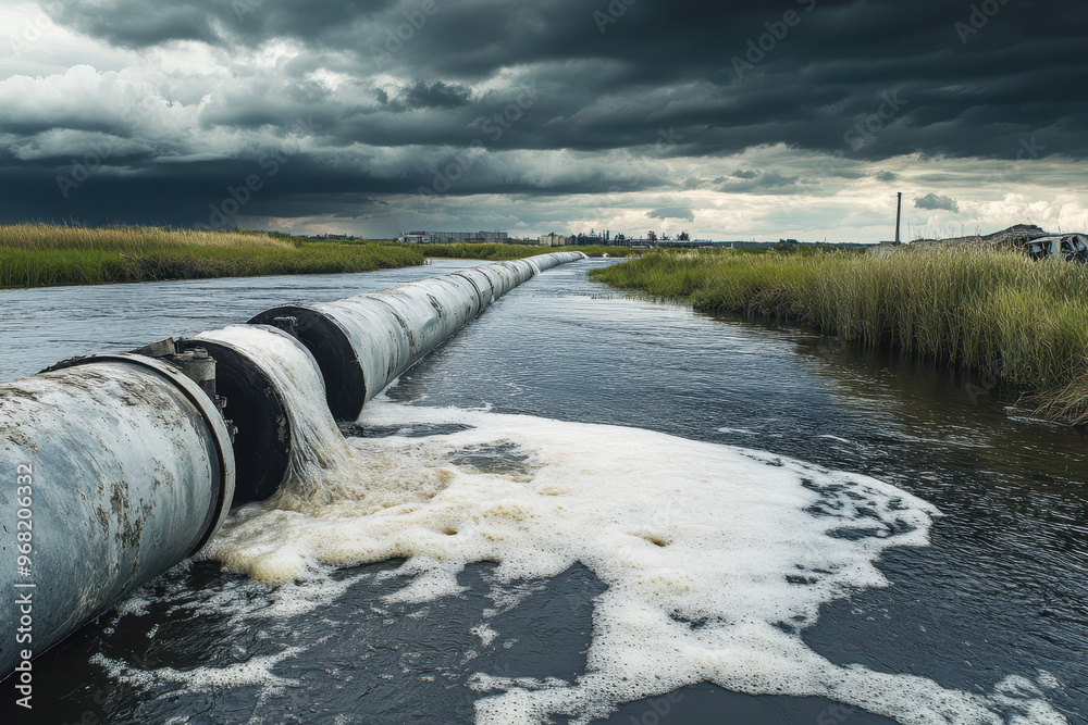 A photo of a river with dirty water flowing through pipes, in the background there is an oil factory and fields, a cloudy sky. A photo of a river with dirty water flowing through pipes, in the background there is an oil factory and fields, a cloudy sky.