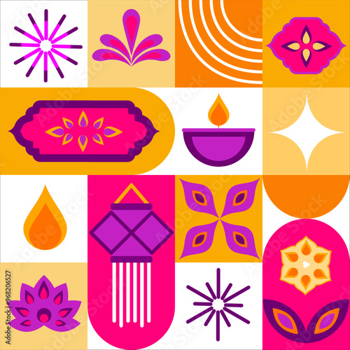 Happy Diwali, festival of light. Modern geometric seamless pattern. Vector concept minimalist design