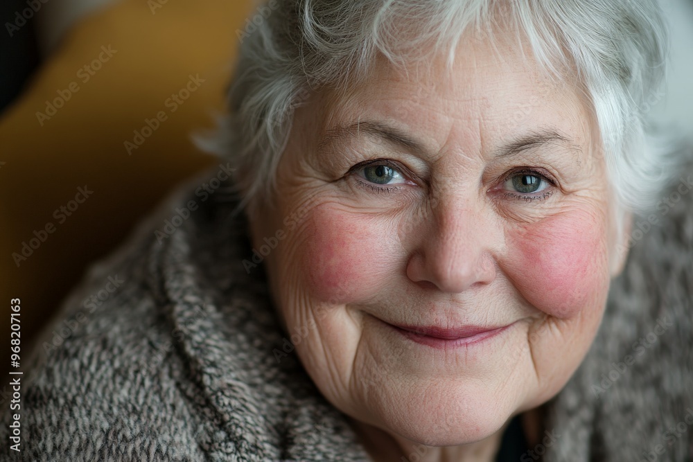 An elderly woman with white hair smiles warmly indoors, wrapped in a cozy sweater. Her gentle eyes and wrinkled face exude kindness and comfort. An elderly woman with white hair smiles warmly indoors, wrapped in a cozy sweater. Her gentle eyes and wrinkled face exude kindness and comfort.