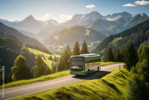 Green bus traveling on a rural road