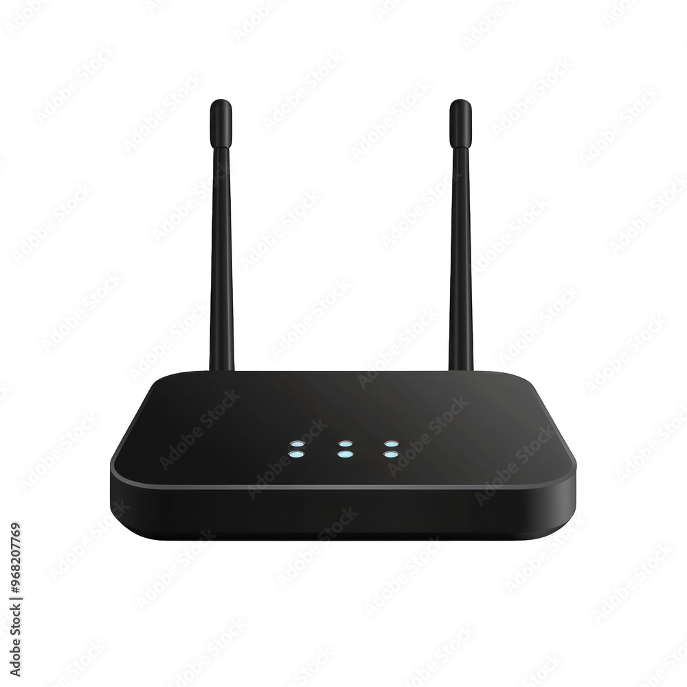 Modern black wireless router with antennas, ideal for high-speed internet connections and home networking setups. transparent background Modern black wireless router with antennas, ideal for high-speed internet connections and home networking setups. transparent background