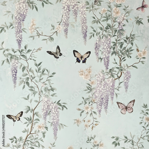 Charming floral illustration with cascading wisteria, graceful butterflies, and dainty pink flowers, all flowing across a soft blue-green backdrop for a whimsical touch.