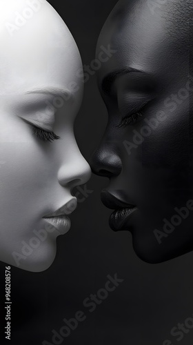 Black and white photograph of two women's faces. One is white with closed eyes, the other has dark skin color