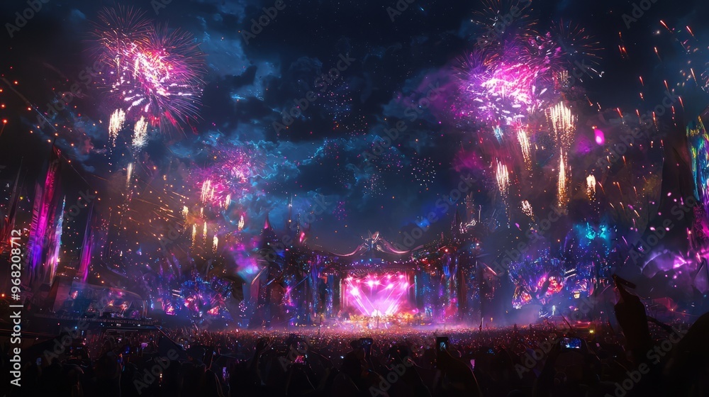 Obraz premium Concert Crowd Enjoying Fireworks Show