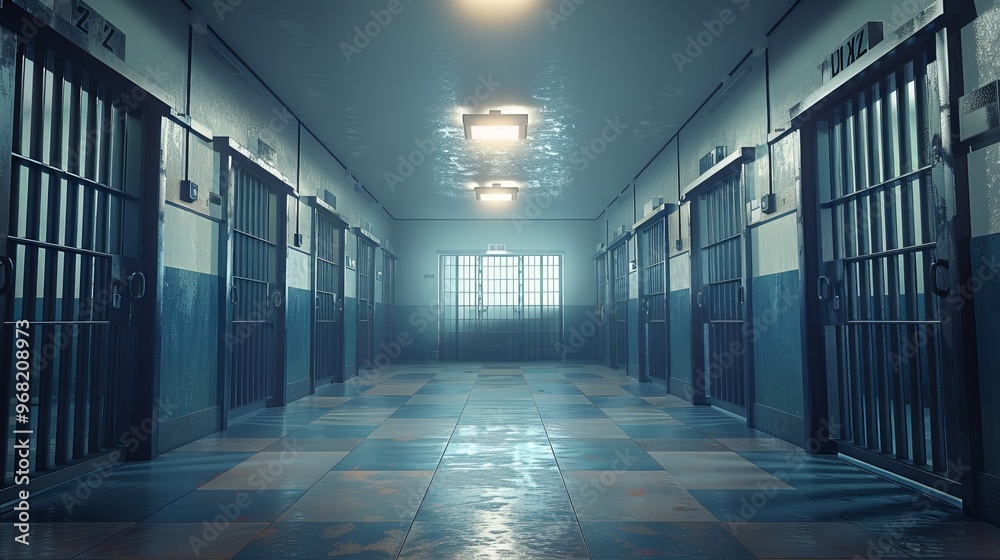 Sleek prison corridor featuring rows of cells with barred doors and brightly lit walkway Sleek prison corridor featuring rows of cells with barred doors and brightly lit walkway