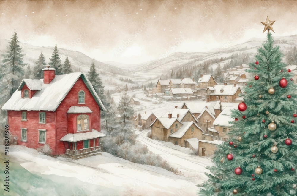Fototapeta premium Vintage Illustration of Snowy Mountain Village with Decorated Christmas Tree, Classic Winter Holiday Scene for Festive Designs and Seasonal Graphics