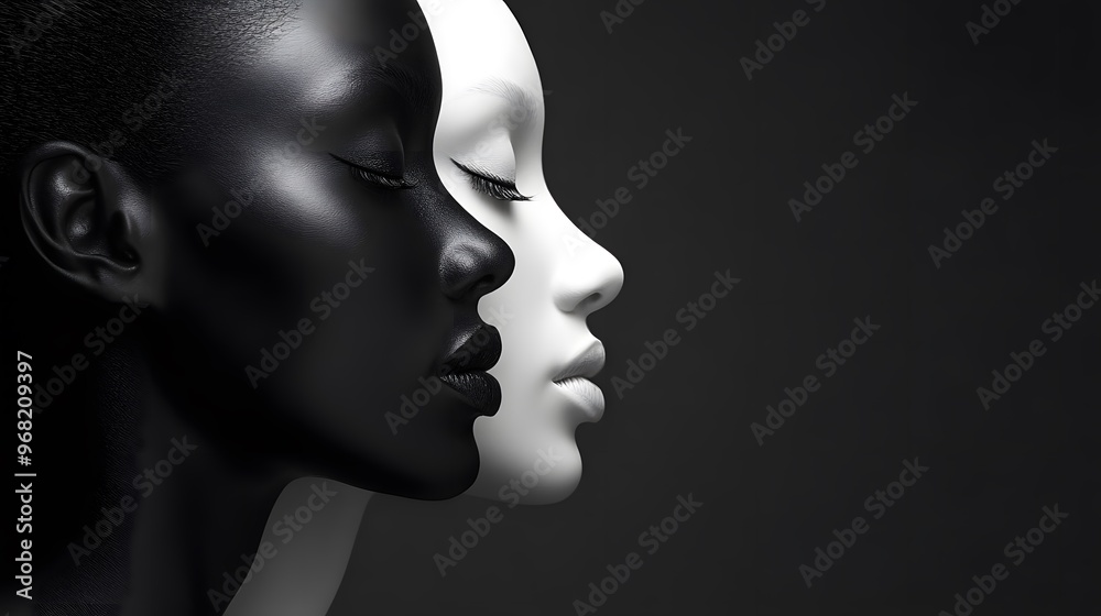 Black and white photograph of two women's faces. One is white with closed eyes, the other has dark skin color Black and white photograph of two women's faces. One is white with closed eyes, the other has dark skin color
