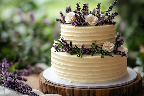 A three-tiered wedding cake adorned with lavender and rosemary on a wooden stand. photo