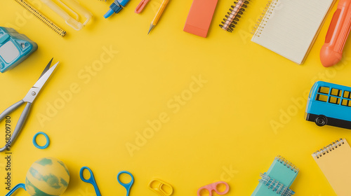 "Top view of school supplies, including a notebook, scissors, and a school bus toy, arranged on a yellow background."