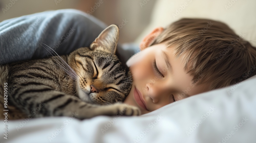 Young child peacefully sleeping with a cozy tabby cat on a soft bed during a warm afternoon Young child peacefully sleeping with a cozy tabby cat on a soft bed during a warm afternoon