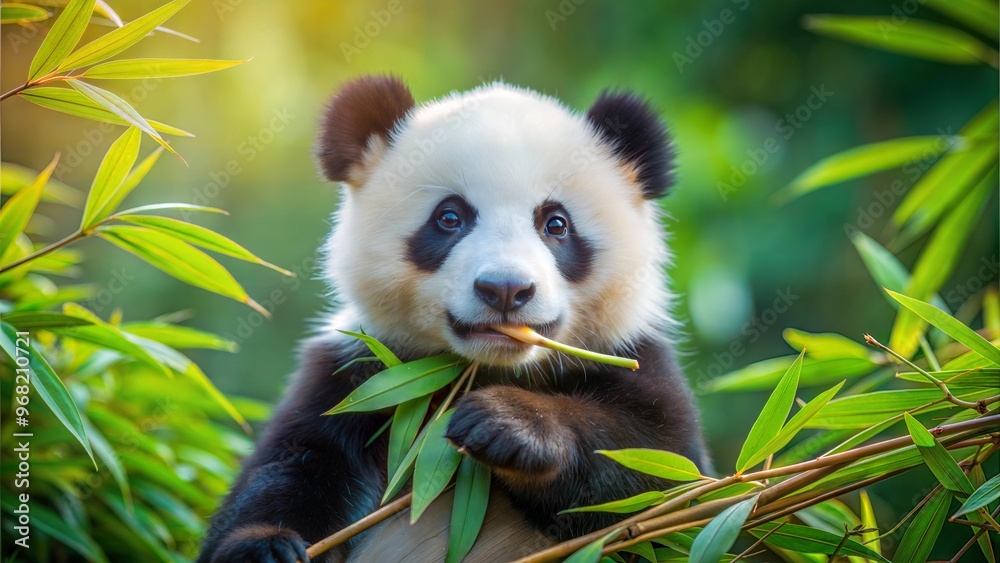 Adorable baby panda munching on bamboo in a lush green environment ...
