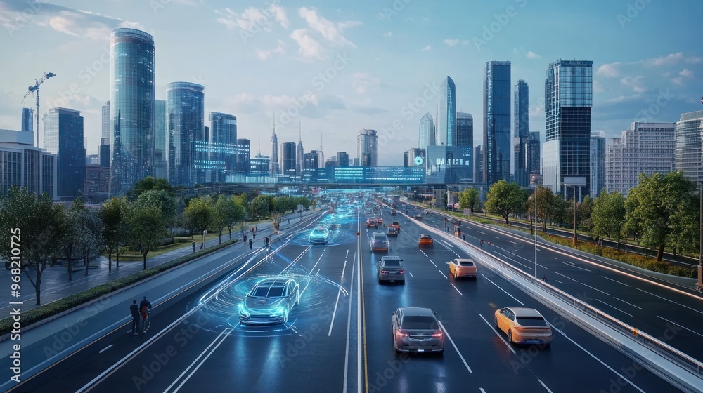 Fototapeta premium Autonomous Driving in a Futuristic Cityscape